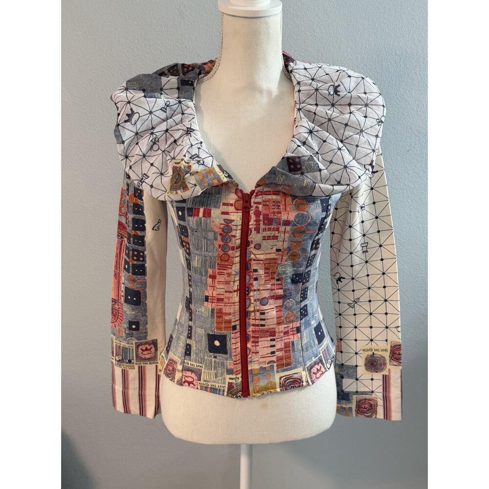 SAVE THE QUEEN Jacket Small Full Zip Collar Sweater Art Deco Graffiti Chess